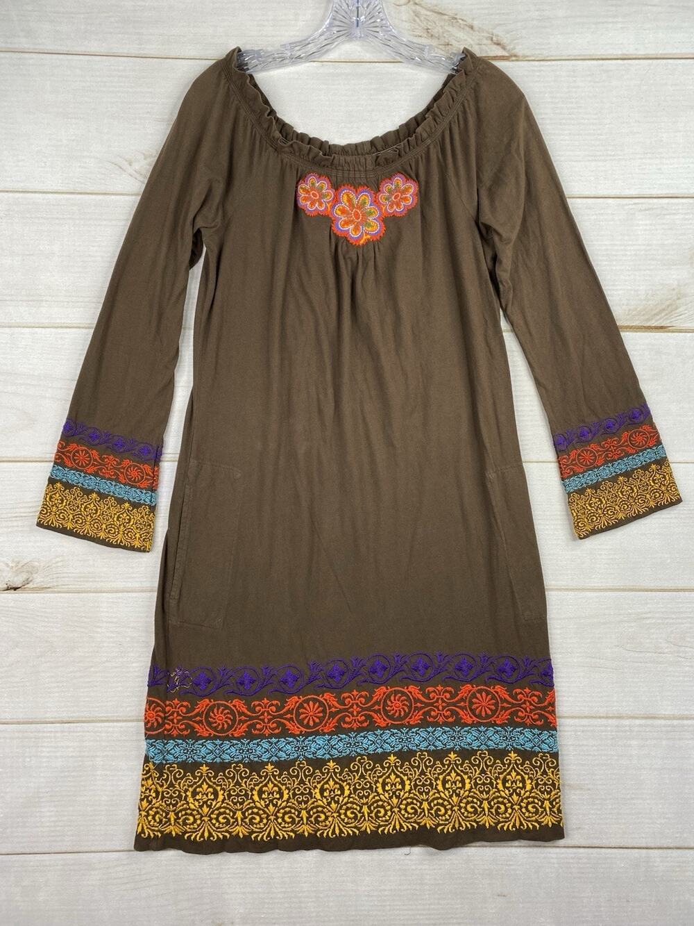 Johnny Was Dress Womens S Brown Cotton Floral Boho Embroidered On/Off Shoulder